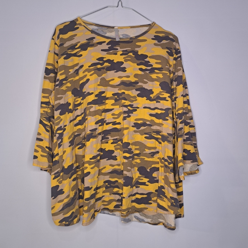 Silouette Yellow Black Camo Print Blouse Flowing Loose Fit 2X Camouflage